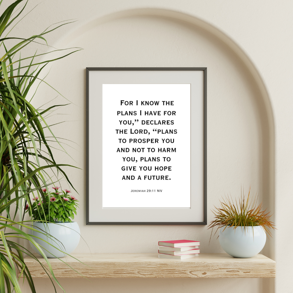 Motivational Christian wall decor of Jeremiah 29:11 scripture displayed in a hallway with soft neutral tones and modern furnishings.
