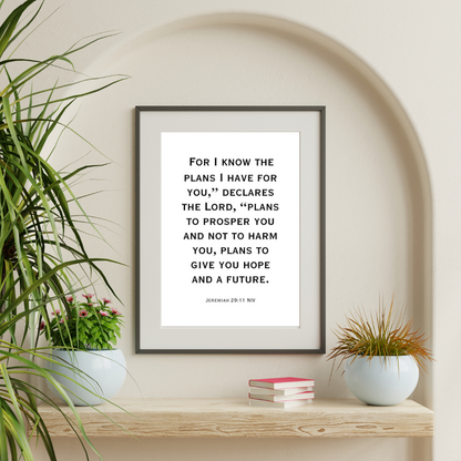 Motivational Christian wall decor of Jeremiah 29:11 scripture displayed in a hallway with soft neutral tones and modern furnishings.