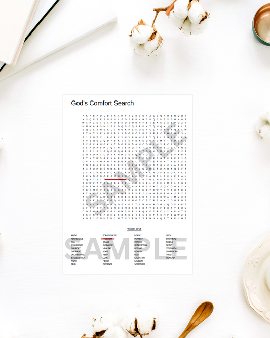 Comforting Word Search Printable | Uplifting Bible-Themed Puzzle for Stress Relief and Encouragement | Positive Bible Verse Puzzle