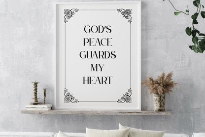 God’s Peace Guards My Heart printable wall art displayed in a modern living room with neutral tones.