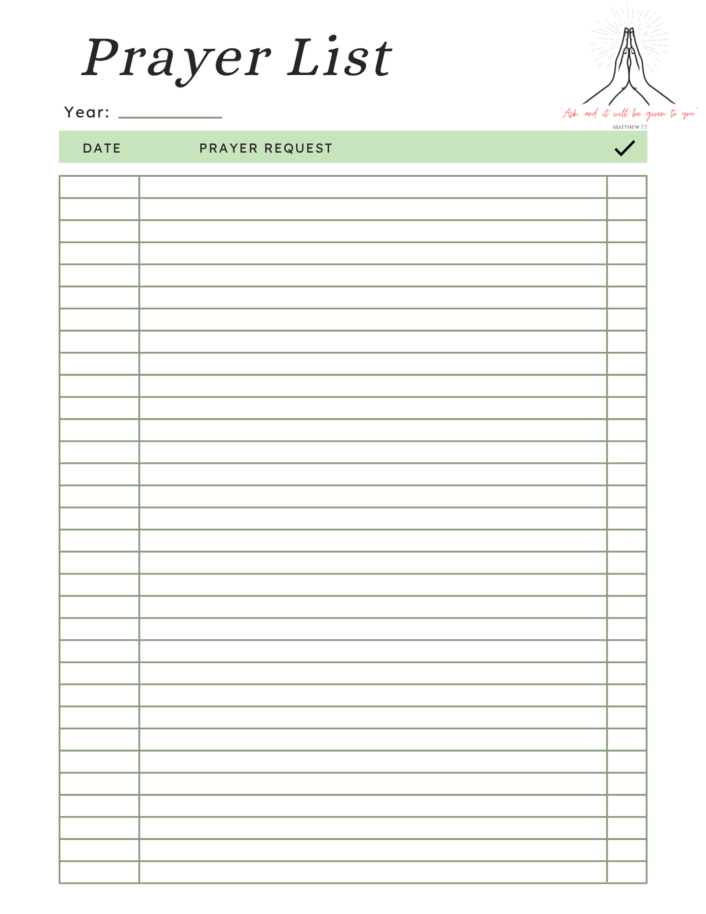 Daily Prayer Tracker Template Printable PDF | Minimalist Prayer List Planner for Faith Journal