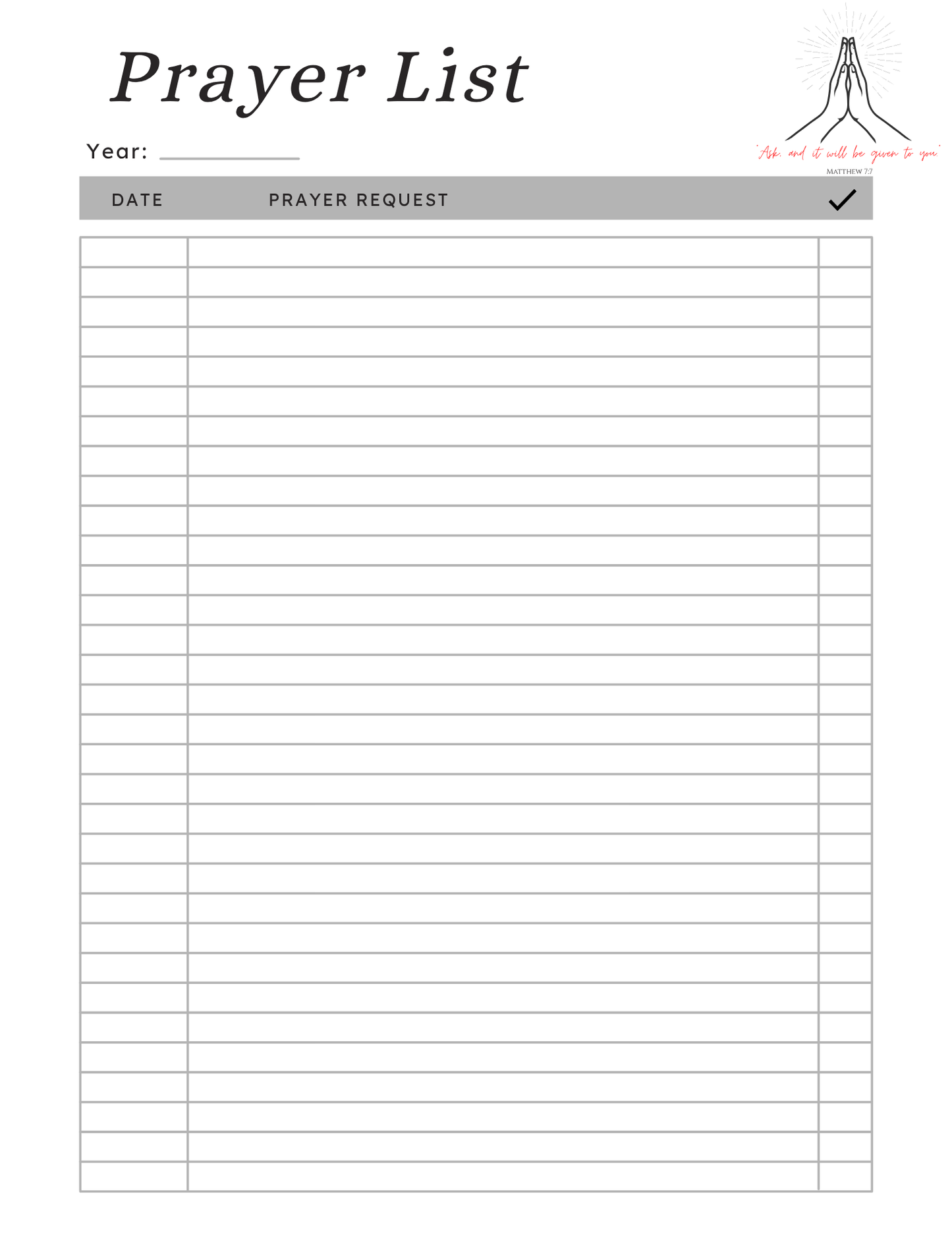 Daily Prayer Tracker Template Printable PDF | Minimalist Prayer List Planner for Faith Journal