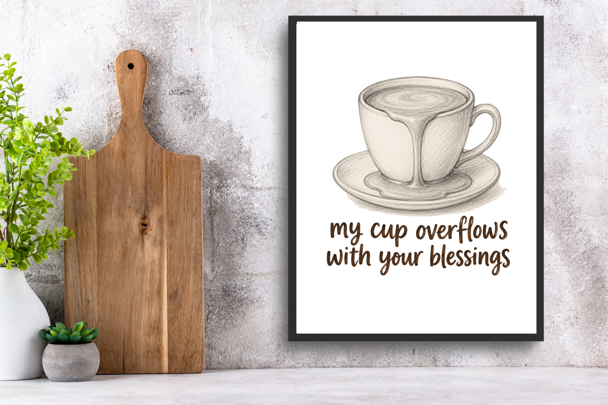 Hand-drawn coffee cup wall art with inspirational typography displayed in Scandinavian home décor