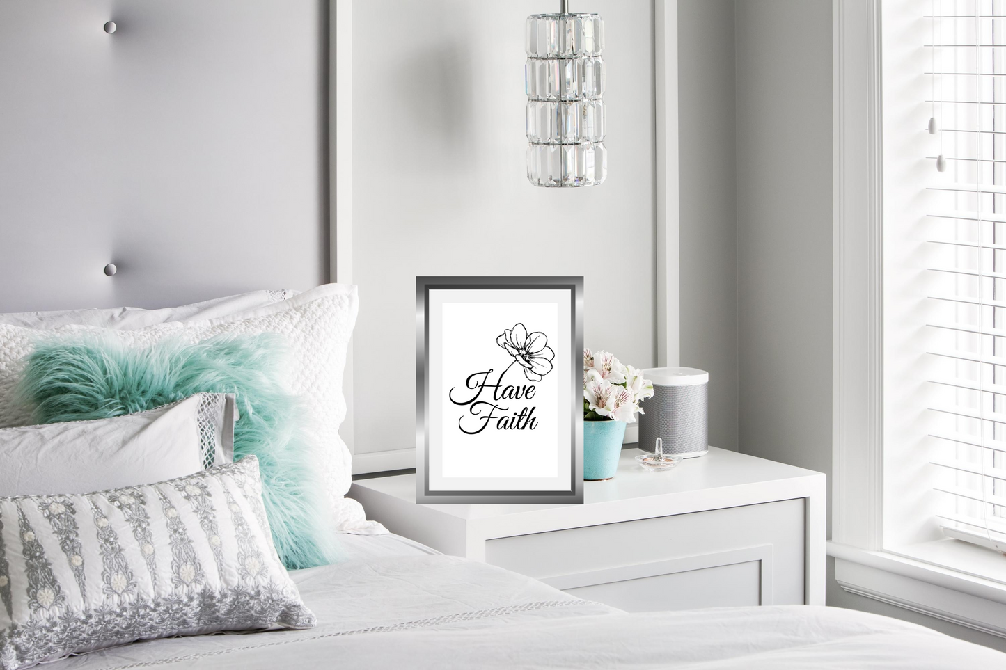 Have Faith inspirational Christian poster hanging in a calm bedroom with soft furnishings and natural light