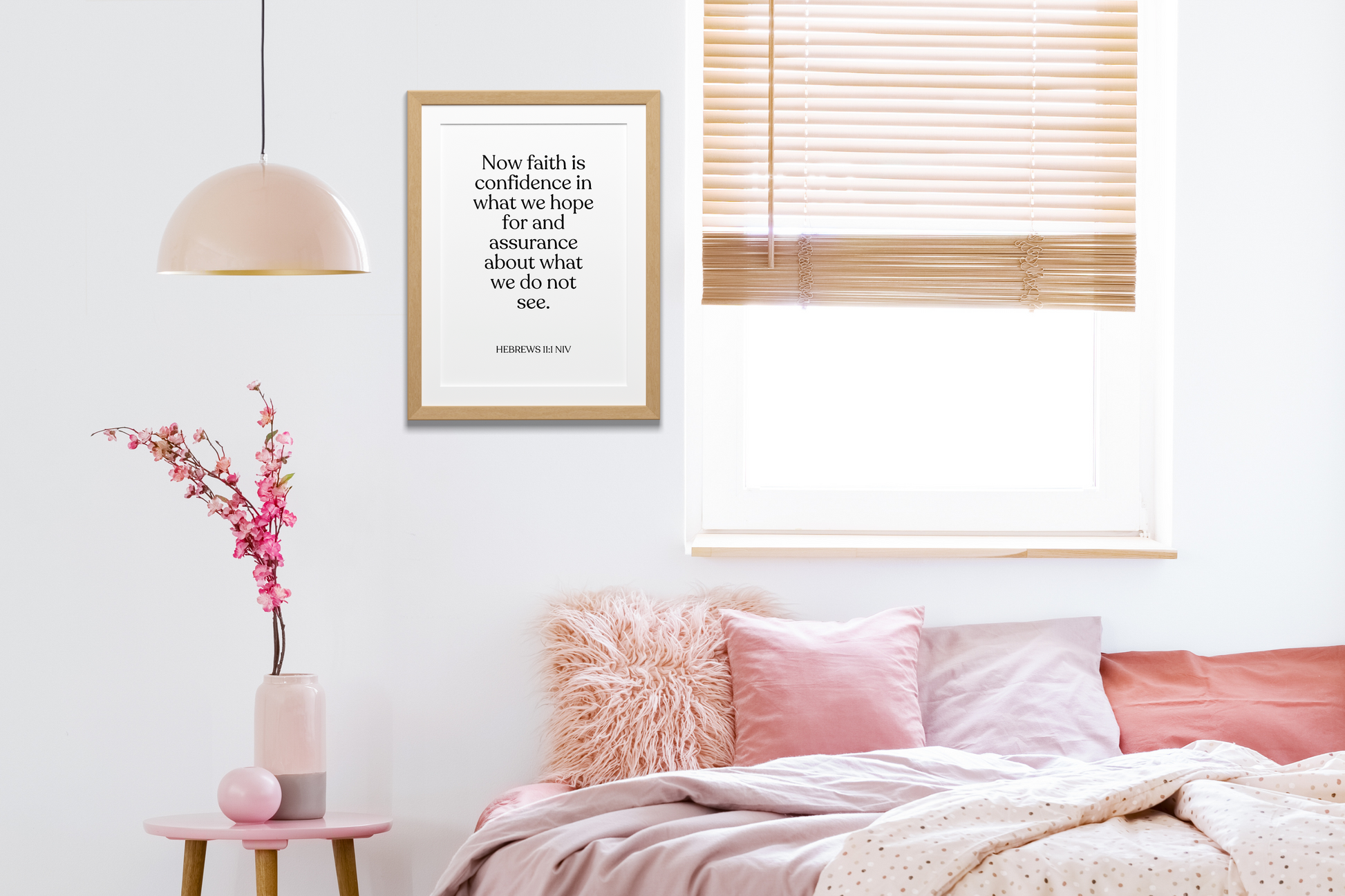 Contemporary printable wall art with Hebrews 11:1 bible verse – inspirational bedroom decor.