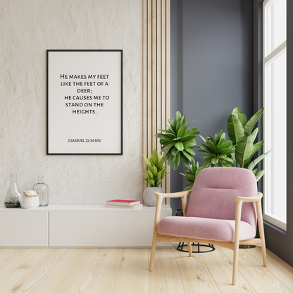 2 Samuel 22:34 Bible verse printable wall art displayed in a modern living room with neutral tones.