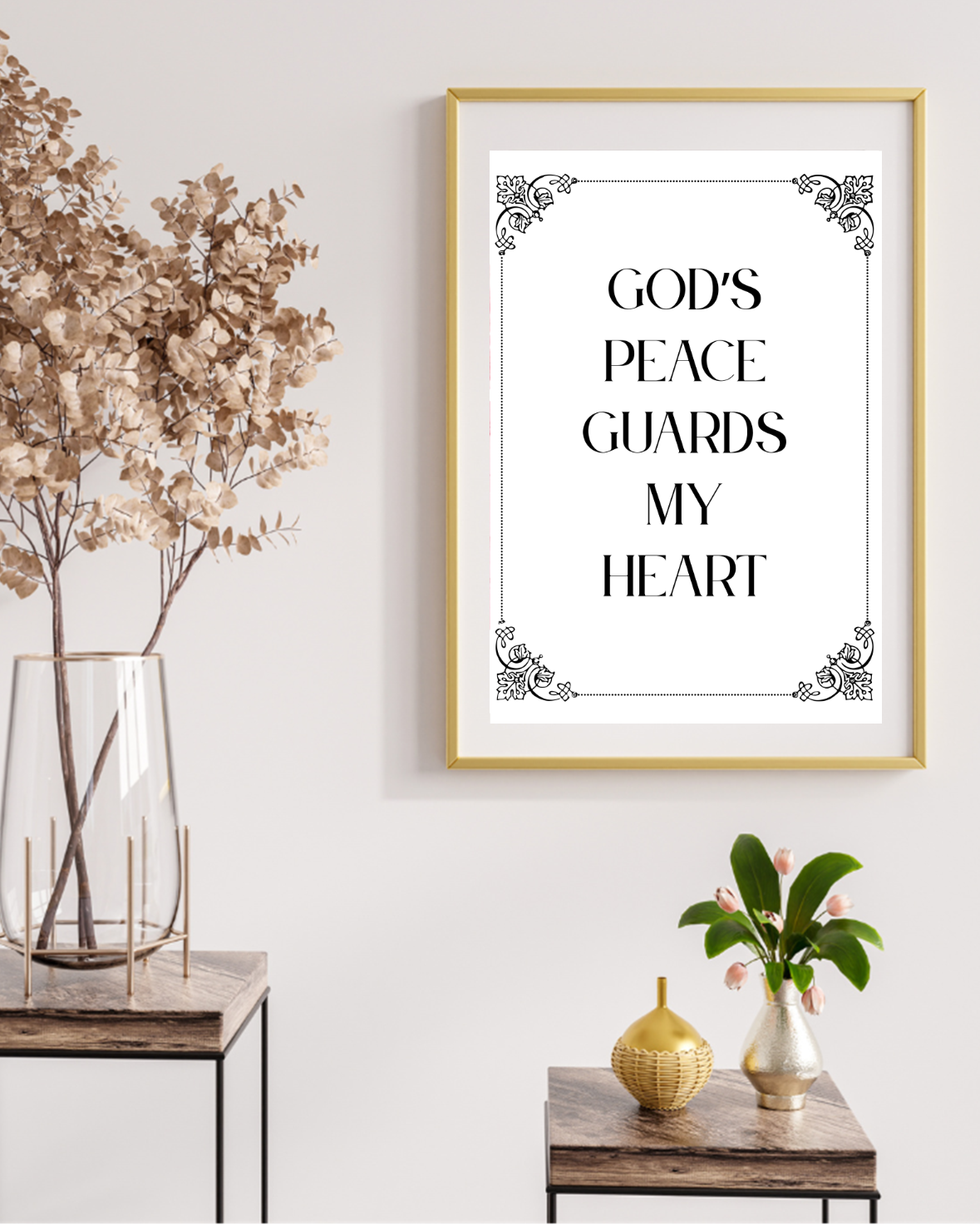 Minimalist Christian typography wall art in a bright hallway for a calming aesthetic.