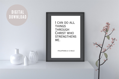 Philippians 4:13 printable bible verse typography wall art framed in a modern living room setting.