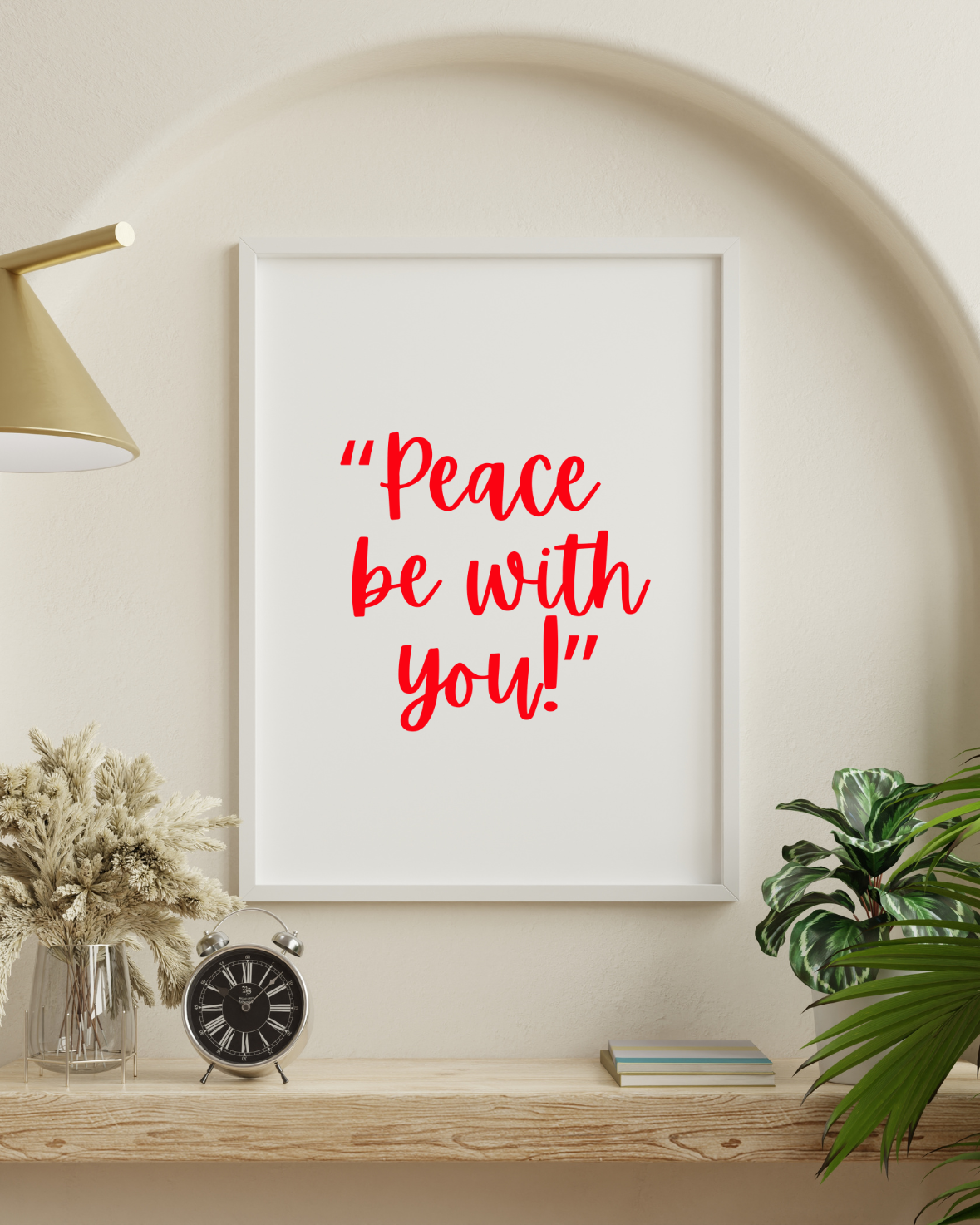 Motivational Christian wall decor with Peace Be With You in red text displayed in a bright living room with neutral furnishings and decor elements.