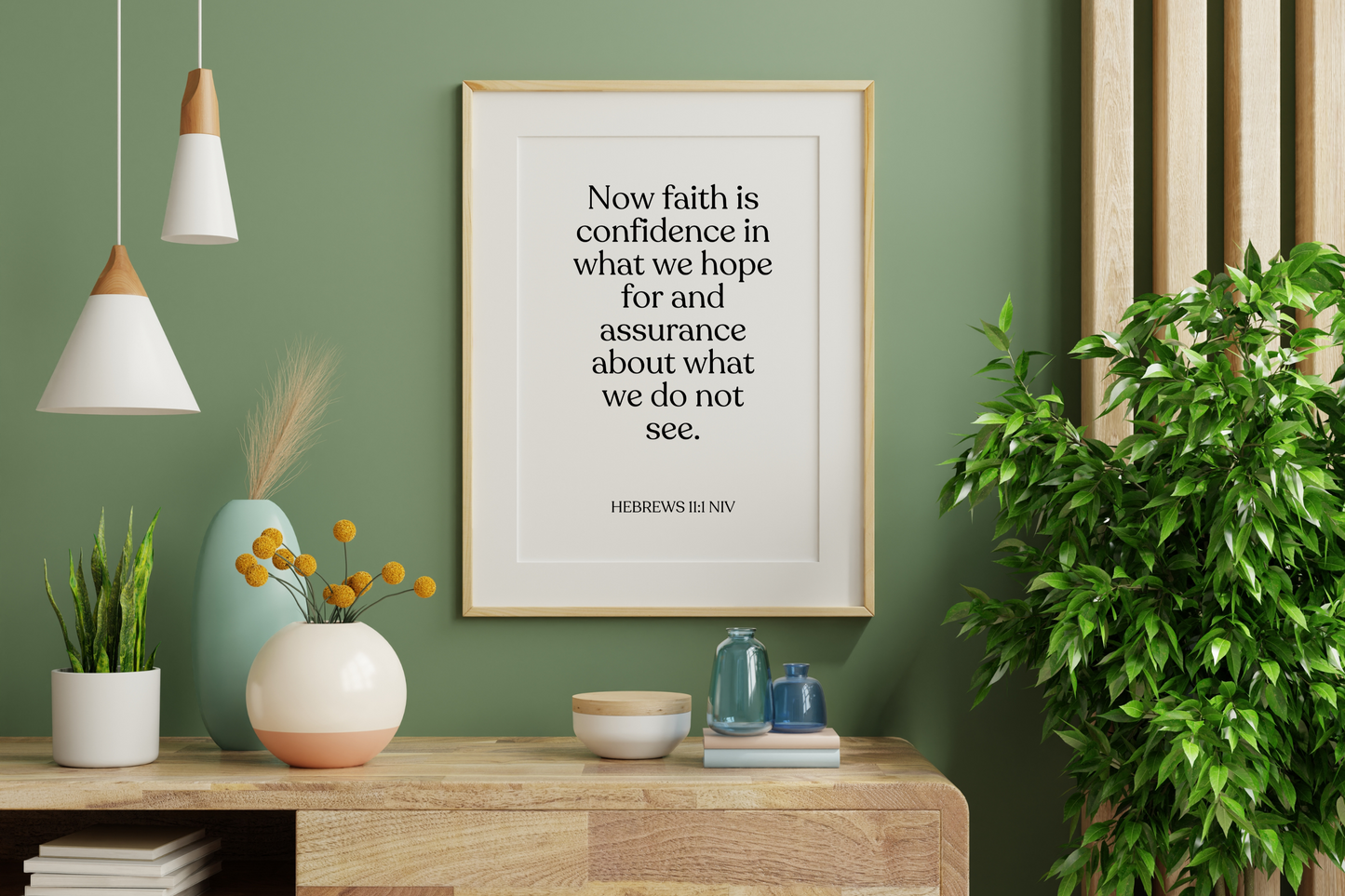 Hebrews 11:1 printable bible verse wall art – minimalist typography for home office wall decor.
