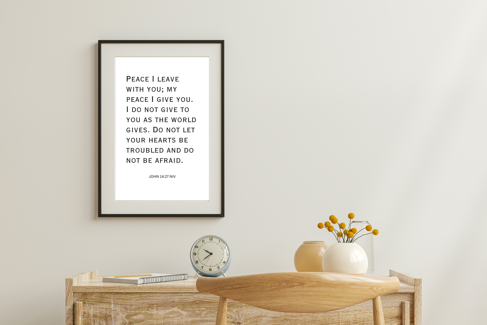 High-definition digital Bible verse poster styled on a wooden desk with a vase, clock and book, and a peaceful Sunday morning vibe.

