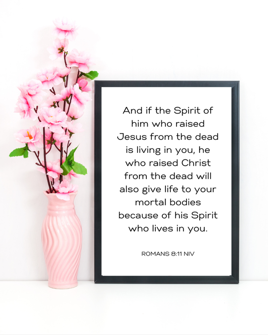 Faith-based Romans 8:11 wall art in a peaceful bedroom setting with soft, calming tones.
