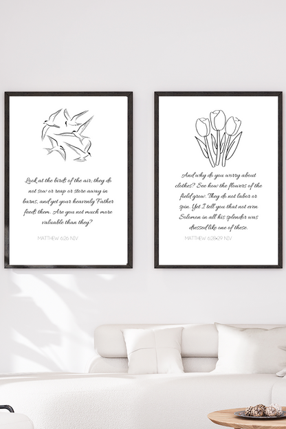 Matthew 6:26 and 6:28-29 Printable Wall Art – Birds and Flowers Scripture Quote for Calm & Encouragement