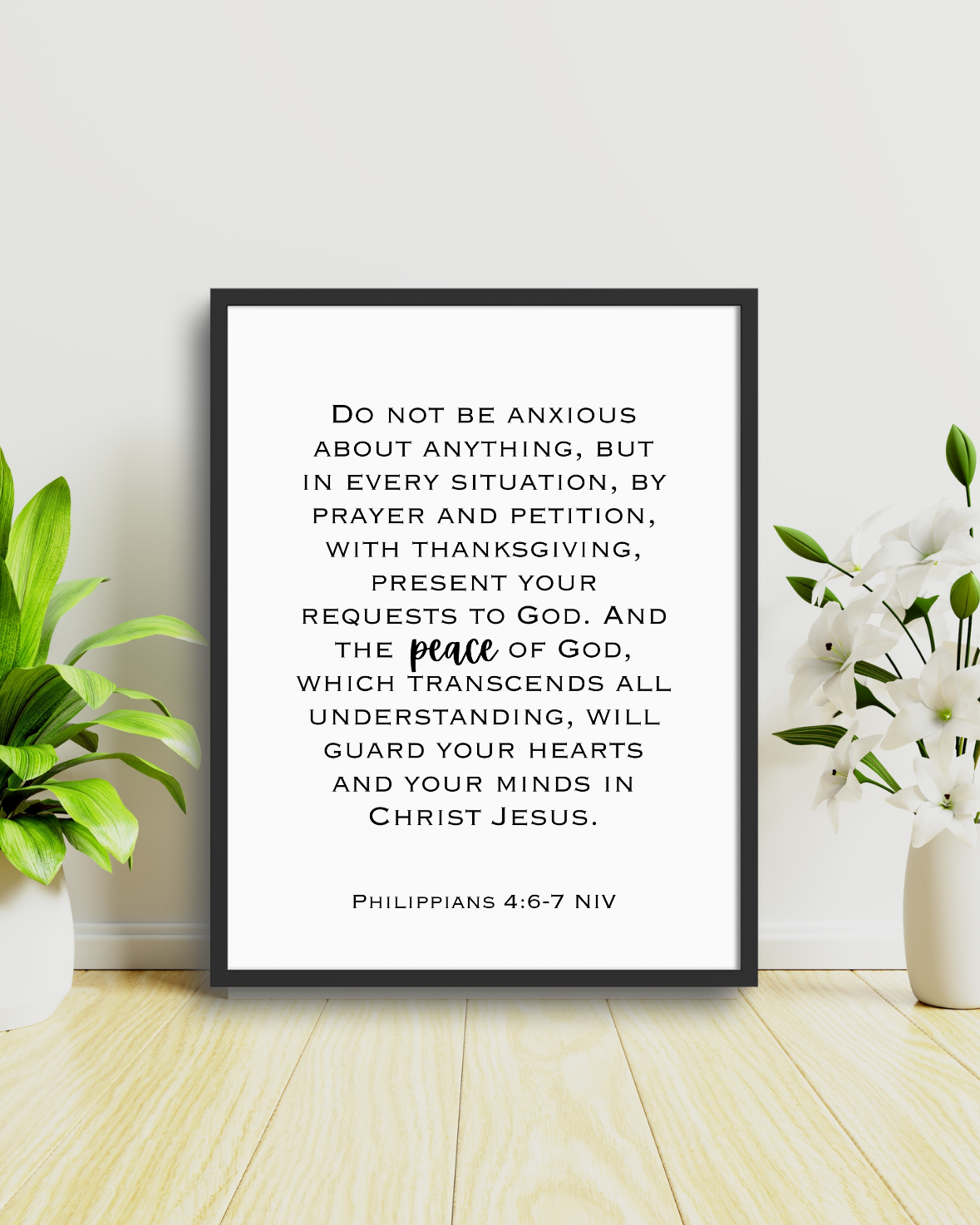 Minimalist Bible verse printable with elegant handwritten peace typography