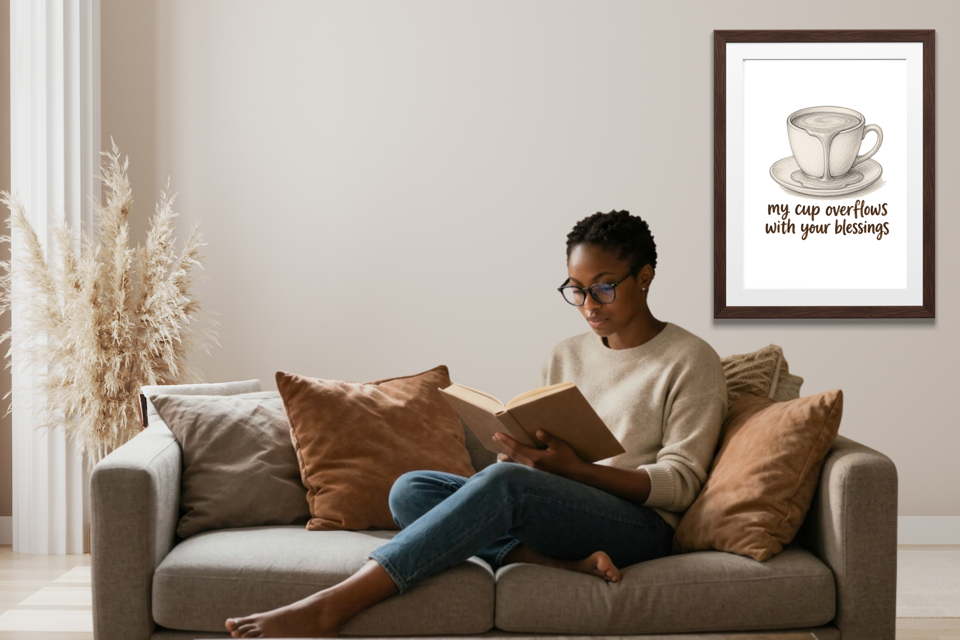 Minimalist faith-inspired wall art in a cosy living room