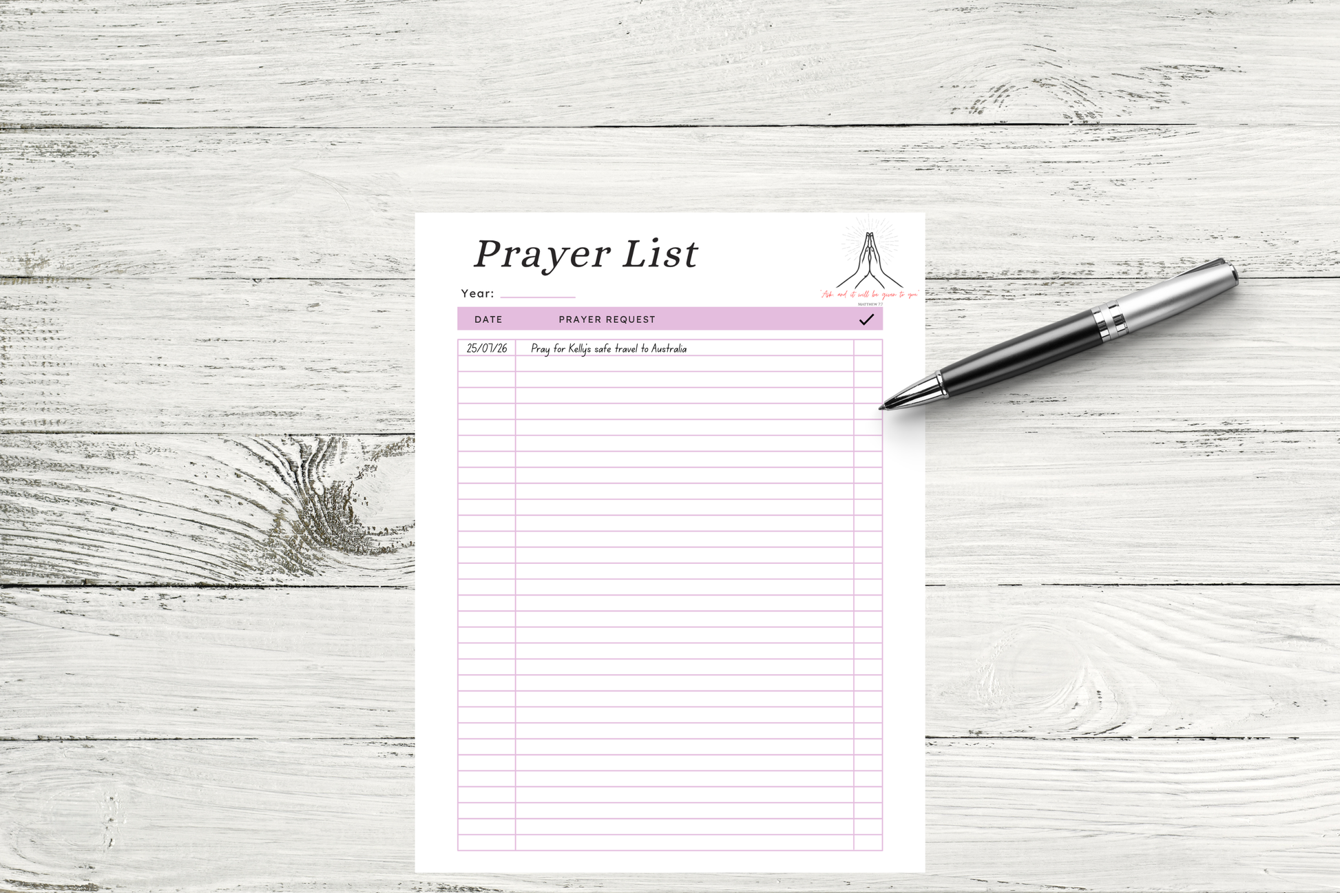 Minimalist prayer tracker template printable PDF on desk mock-up