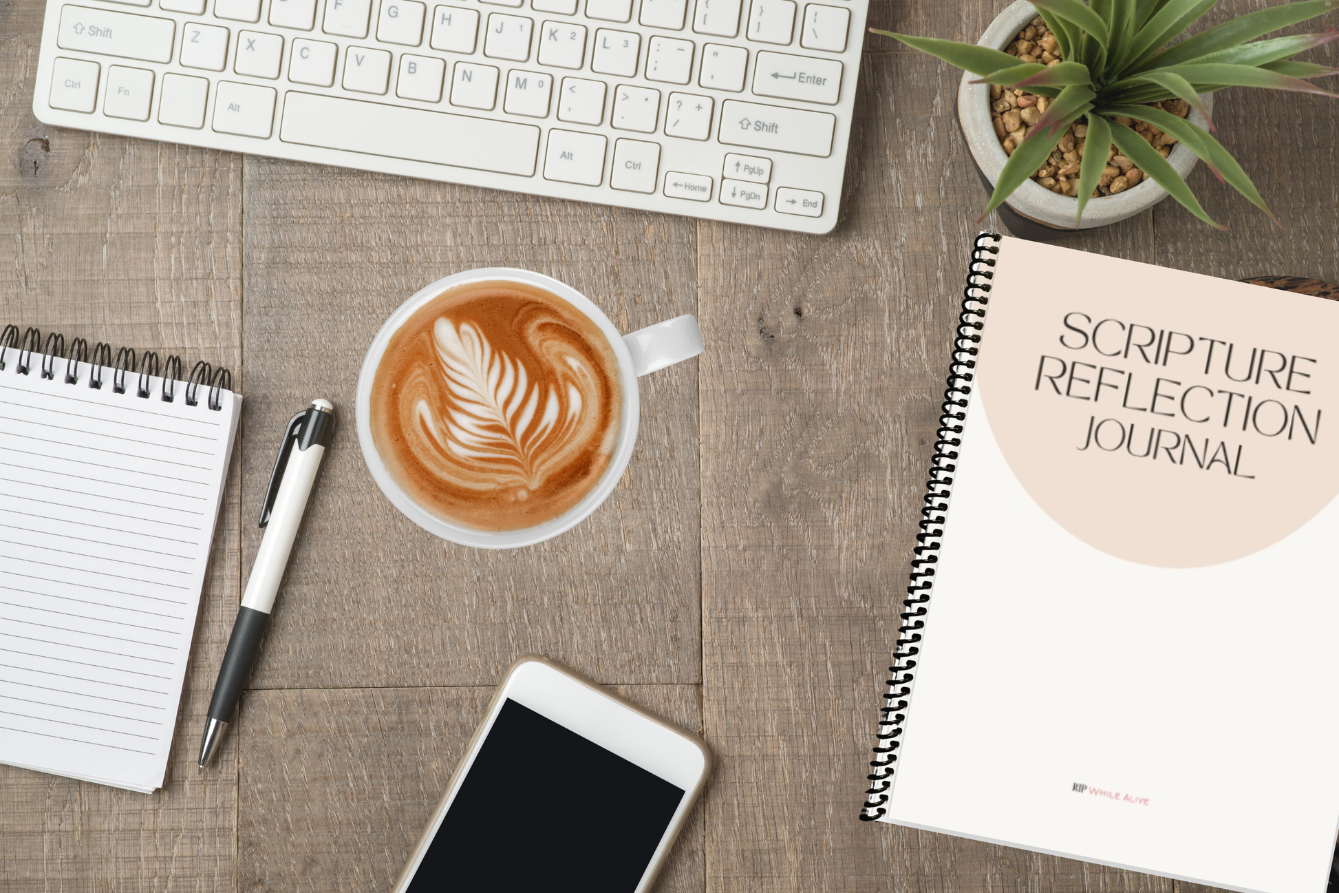 RIP While Alive Scripture Reflection Journal beside laptop and notepad— faith-based study companion for intentional journaling.