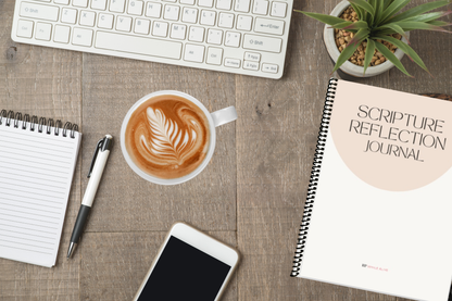 RIP While Alive Scripture Reflection Journal beside laptop and notepad— faith-based study companion for intentional journaling.