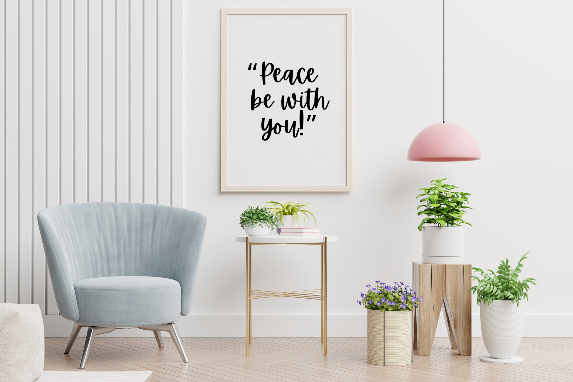 Contemporary printable wall art featuring the words Peace Be With You in bold typography on a white background in a modern living room with a light blue armchair, and decorative plants.