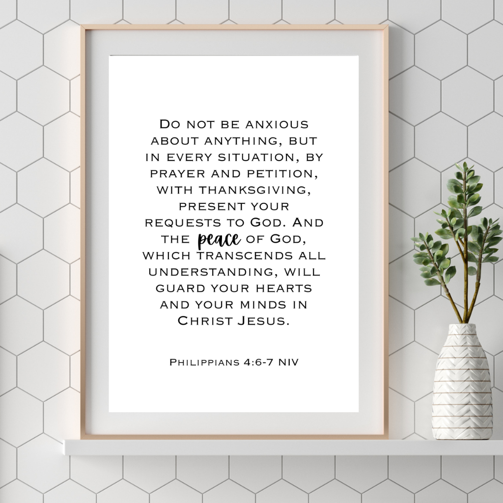 Philippians 4 6 7 Scripture verse printable wall art in minimalist black typography