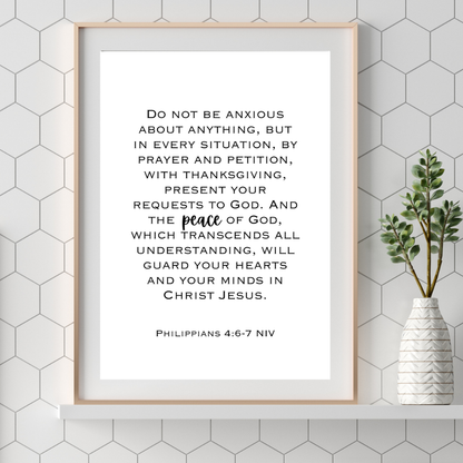 Philippians 4 6 7 Scripture verse printable wall art in minimalist black typography