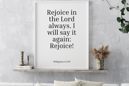 Philippians 4:4 Printable Wall Art – Christian Bible Verse Typography for Home & Office