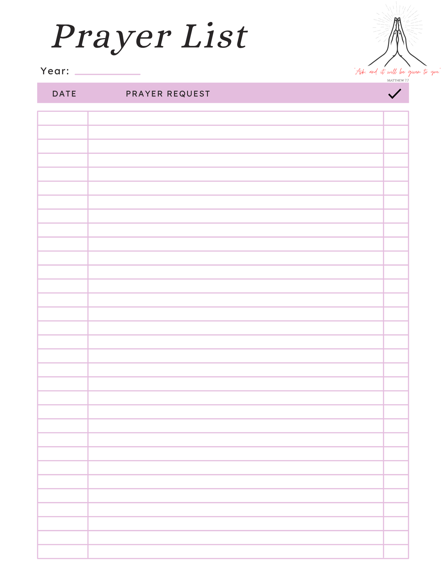 Daily Prayer Tracker Template Printable PDF | Minimalist Prayer List Planner for Faith Journal