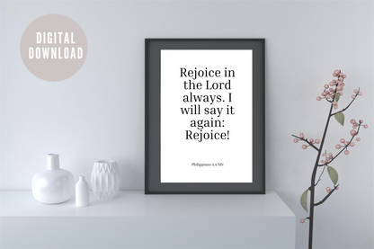 Philippians 4:4 Printable Wall Art – Christian Bible Verse Typography for Home & Office