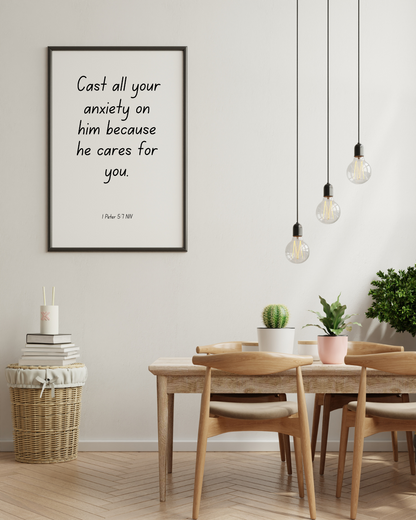 1 Peter 5:7 Printable Wall Art – Christian Bible Verse Typography for Home & Office Decor