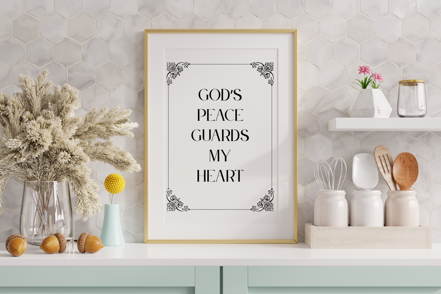 Inspirational bible verse digital print styled in a cosy kitchen corner with natural light.