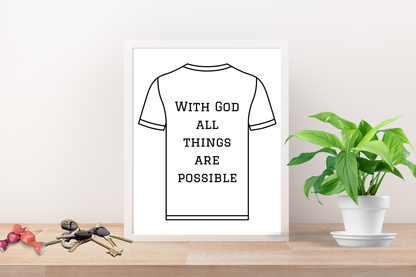 Christian typography wall art print reading “With God, All Things Are Possible” framed in a hallway with soft natural light.