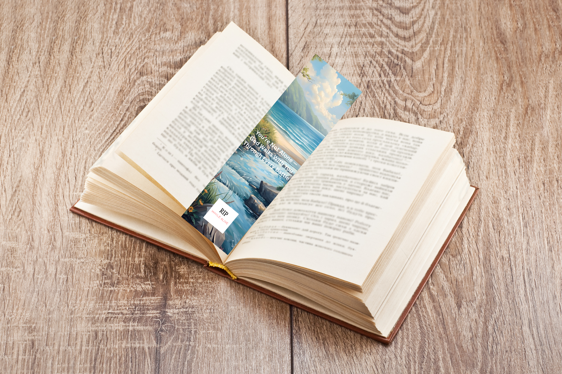 Christian inspirational bookmark displayed on a kitchen counter inside a book