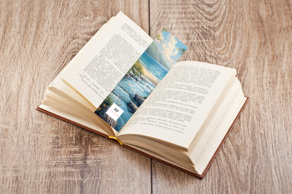 Christian inspirational bookmark displayed on a kitchen counter inside a book