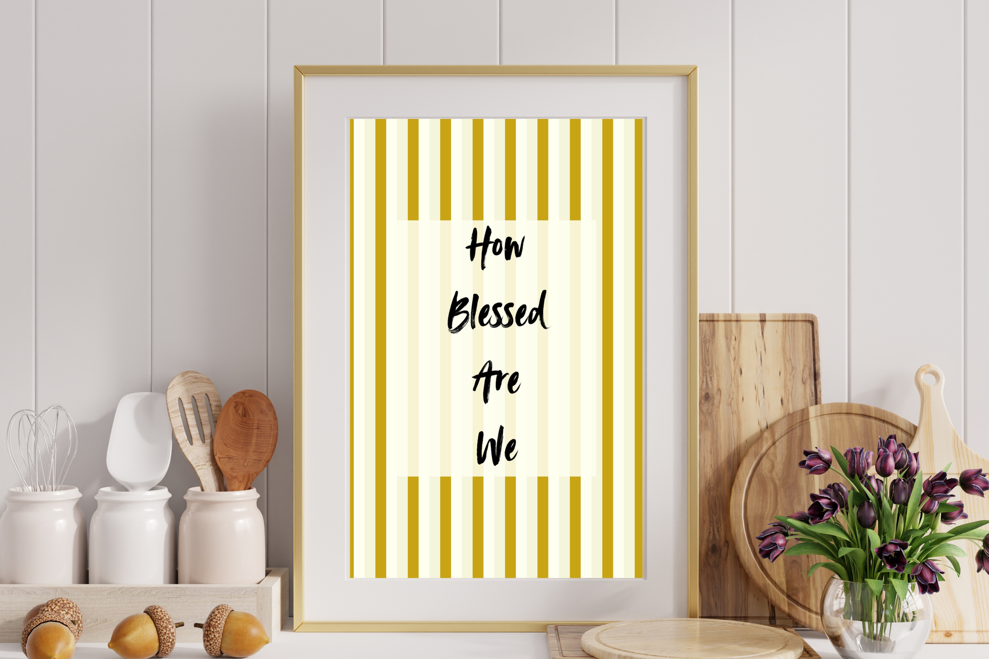 Positive uplifting quote printable kitchen wall art with mustard striped background