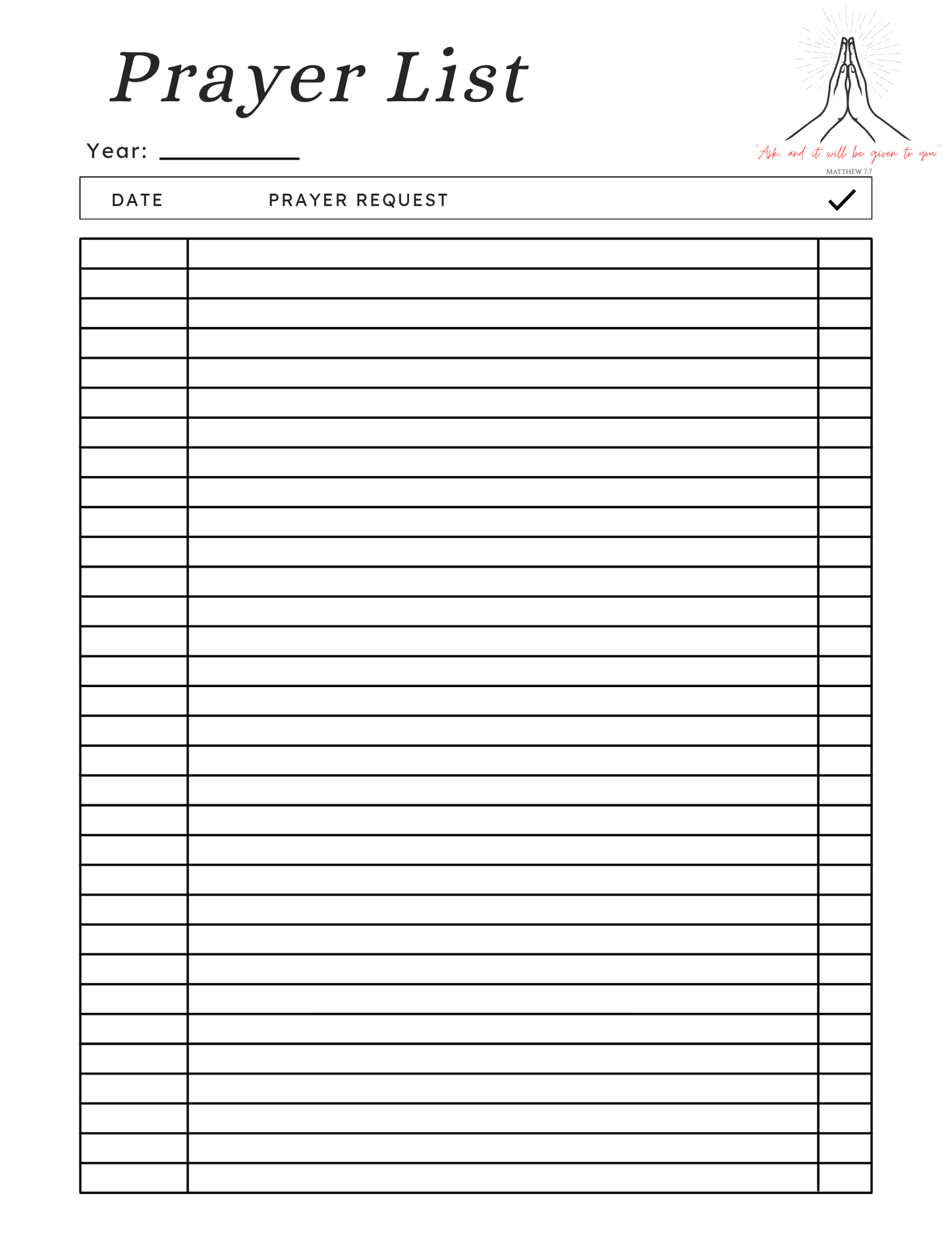 Daily Prayer Tracker Template Printable PDF | Minimalist Prayer List Planner for Faith Journal