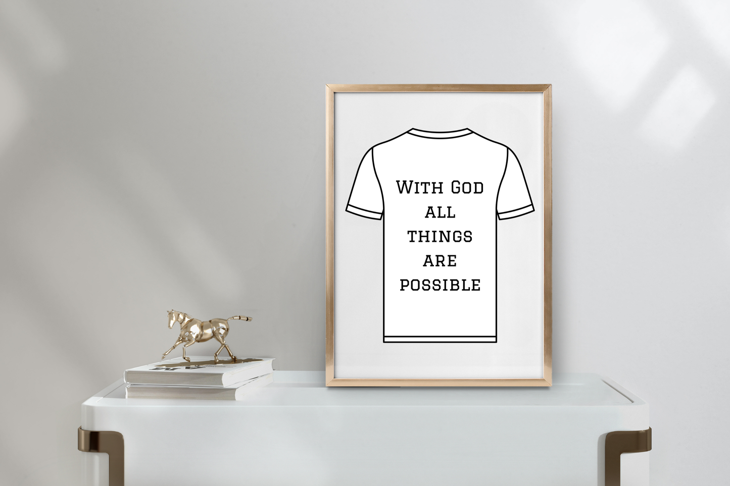 Modern minimalist home office decor featuring the printable artwork “With God, All Things Are Possible” in a neutral relaxation space.