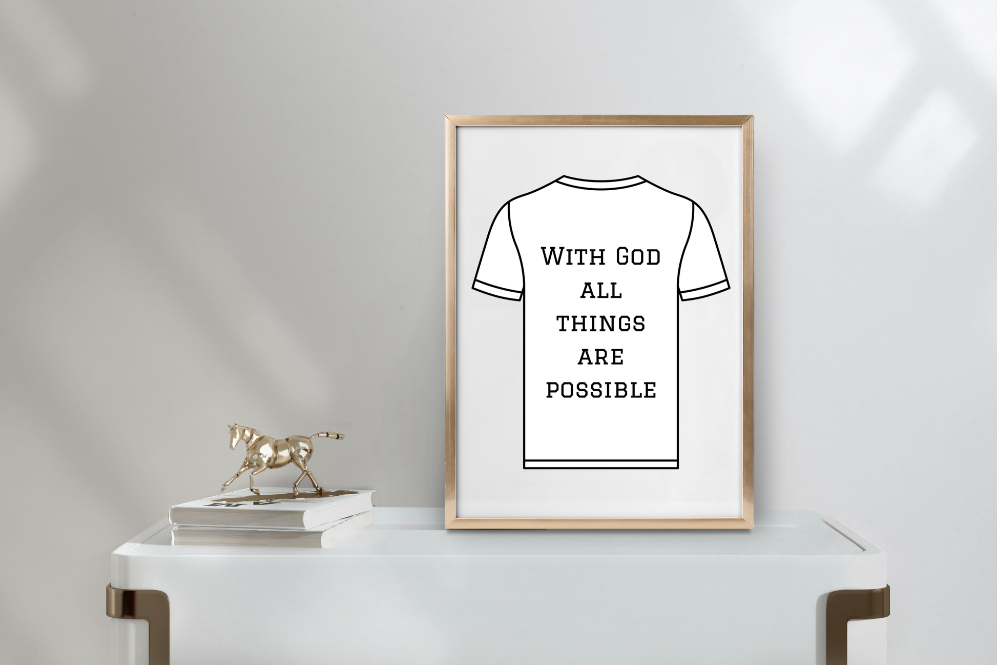 Modern minimalist home office decor featuring the printable artwork “With God, All Things Are Possible” in a neutral relaxation space.