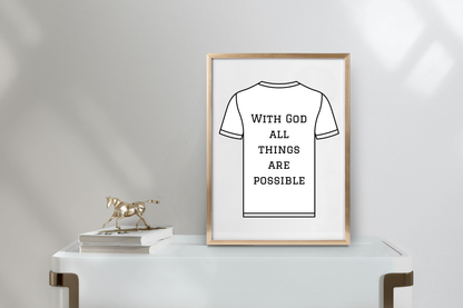 Modern minimalist home office decor featuring the printable artwork “With God, All Things Are Possible” in a neutral relaxation space.