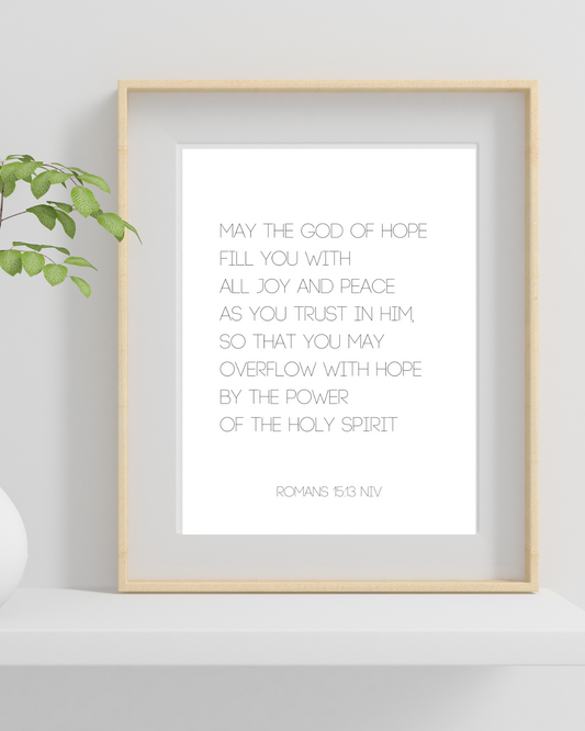 High-definition Christian wall decor featuring Romans 15:13 in contemporary frame on neutral wall