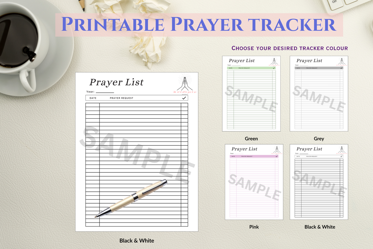 Printable Prayer tracker sheets available in black and white, green, pink and grey colours.
