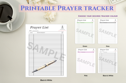 Printable Prayer tracker sheets available in black and white, green, pink and grey colours.