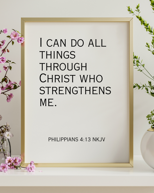 Contemporary black and white typography Philippians 4:13 inspirational wall art displayed in a clean, modern interior.
