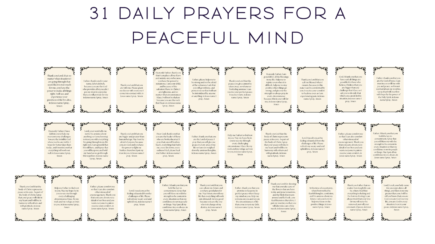 Printable prayer cards set featuring daily affirmations and uplifting prayers for peace