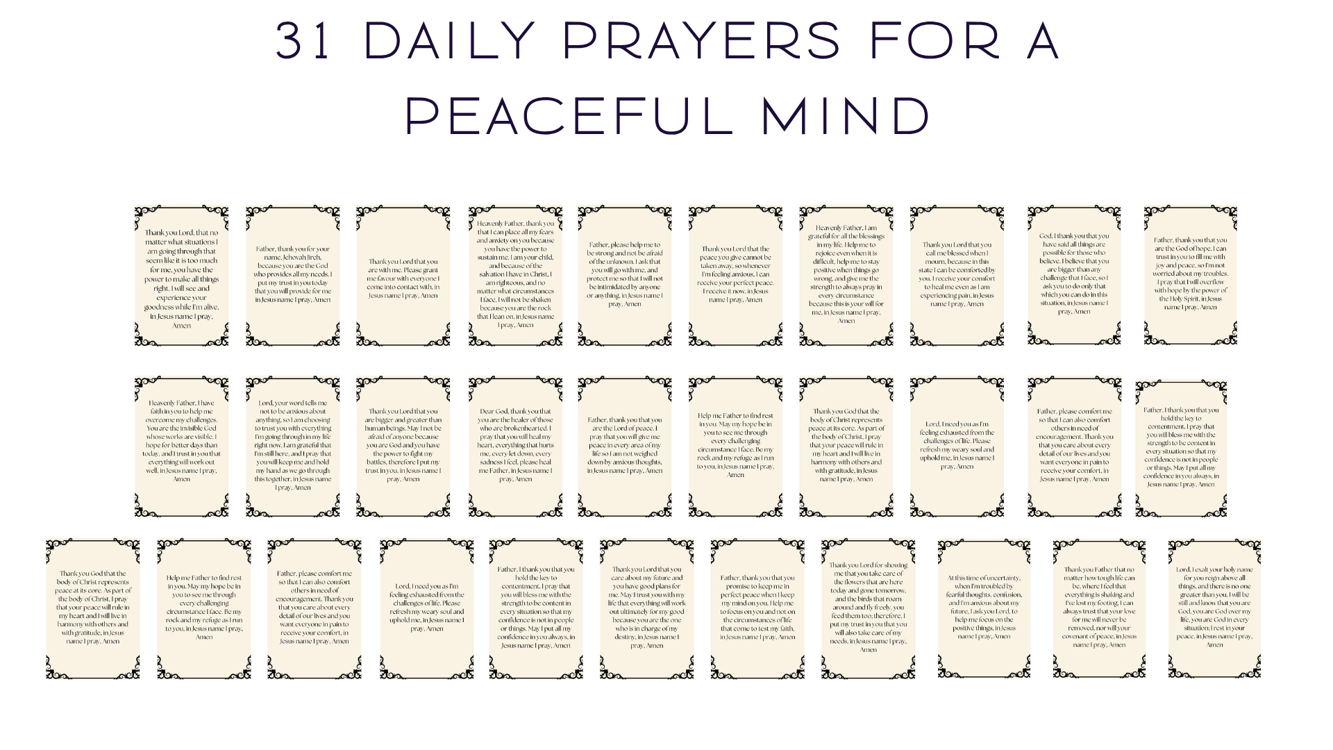Printable prayer cards set featuring daily affirmations and uplifting prayers for peace