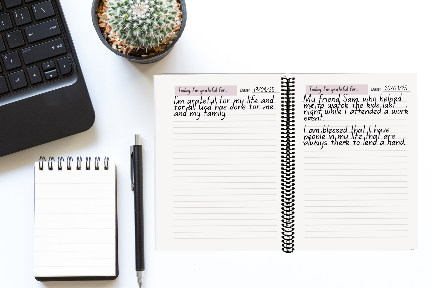 RIP While Alive gratitude journal on minimalist workspace with a notepad— daily devotion notebook for cultivating gratitude and peace.