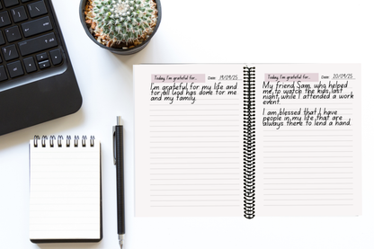 RIP While Alive gratitude journal on minimalist workspace with a notepad— daily devotion notebook for cultivating gratitude and peace.