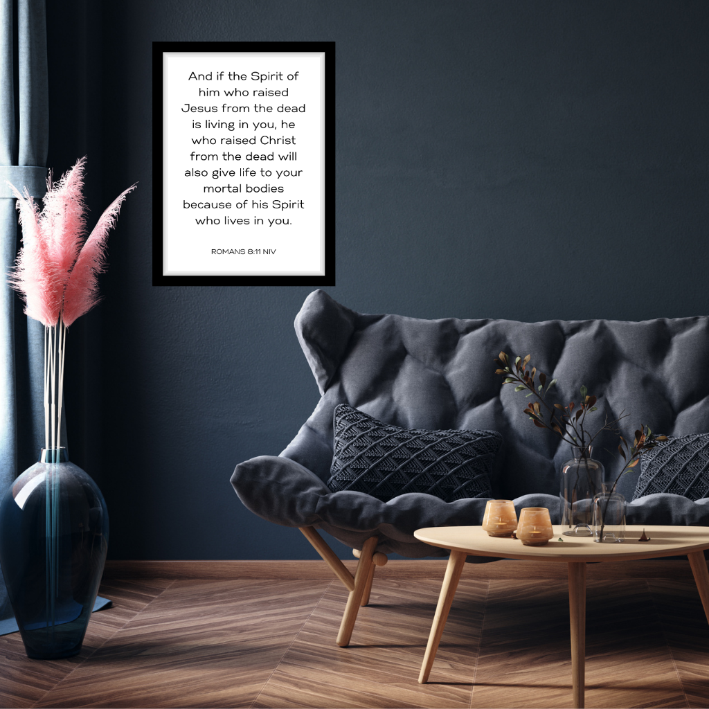 Romans 8:11 inspirational scripture printable wall art in a relaxation area, creating a serene and uplifting atmosphere.