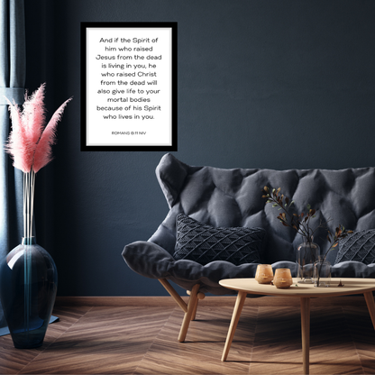 Romans 8:11 inspirational scripture printable wall art in a relaxation area, creating a serene and uplifting atmosphere.