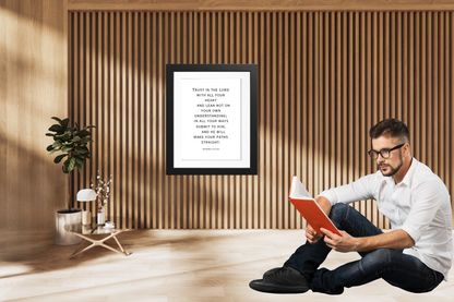 Minimalist Christian Bible verse poster with inspirational typography placed in a serene living space.