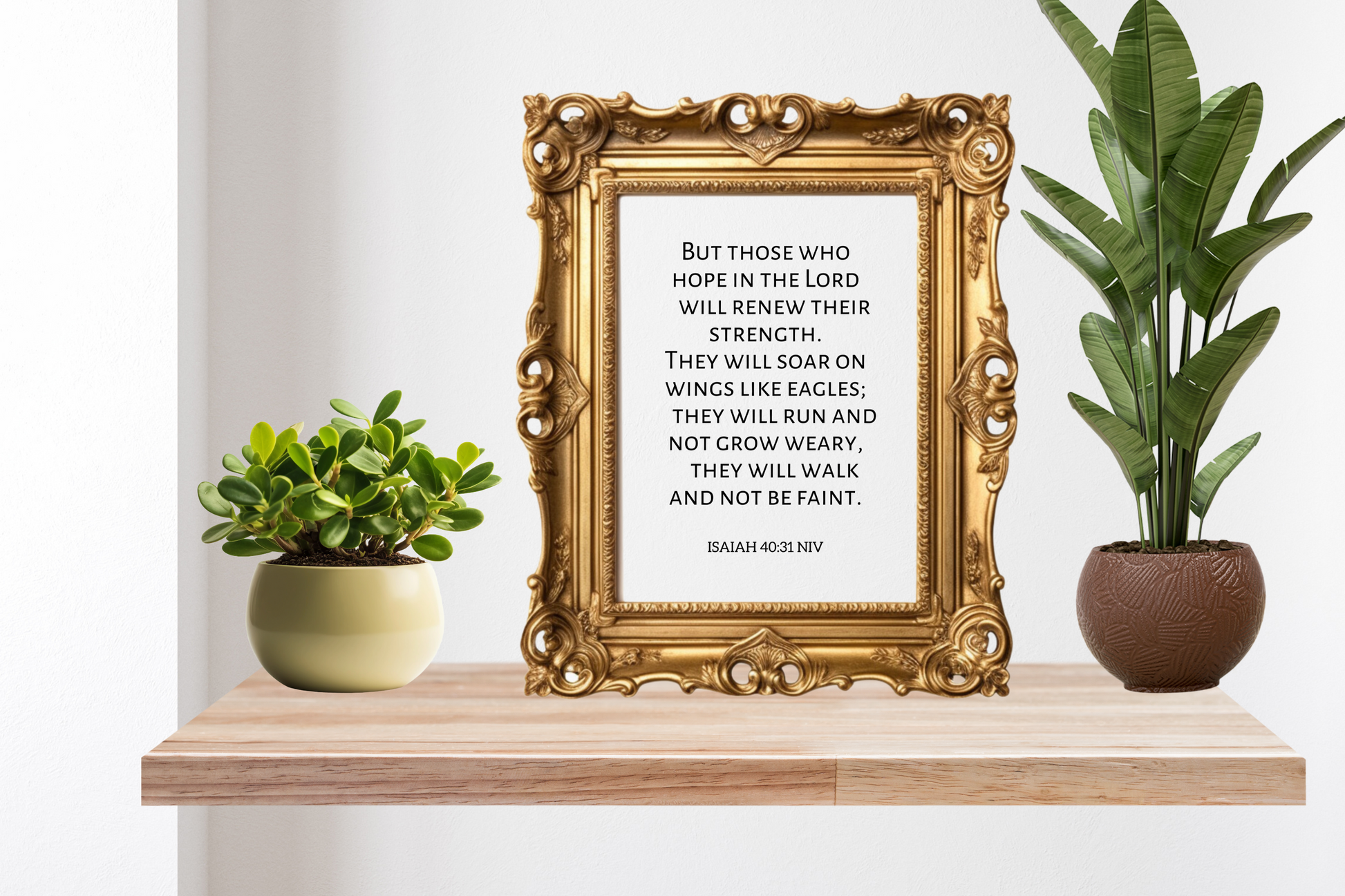Decorative shelf with gold-framed print, potted plants, and a white wall background. The print is a high-definition scripture wall art printable of Isaiah 40:31.